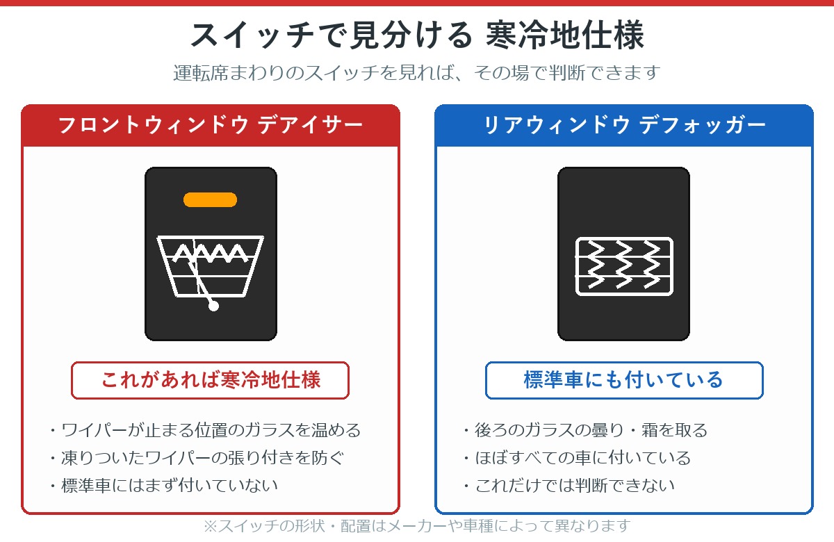 寒冷地仕様を見分けるフロントウィンドウデアイサーのスイッチ図解